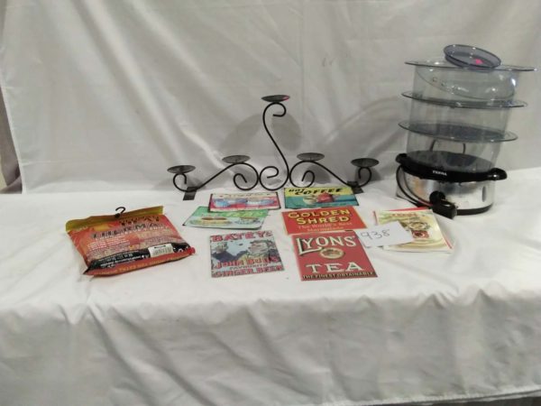 lot 938 tefal steamer, metal signs, candle holder, etc.