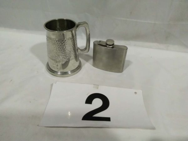 lot 002 pewter tankard & hip flask - Image 2