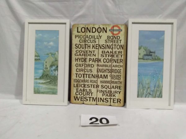 lot 020 London underground wooden wall sign & 2x framed signed prints