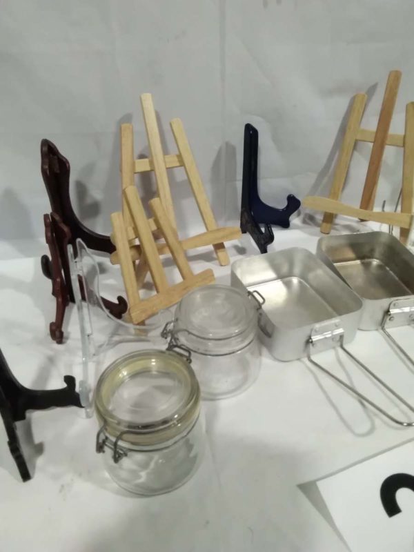 lot 021 Mini easle’s, plate stands, jars, camping billy cans - Image 2