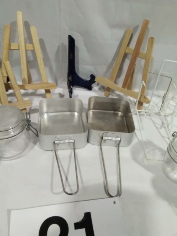 lot 021 Mini easle’s, plate stands, jars, camping billy cans - Image 5