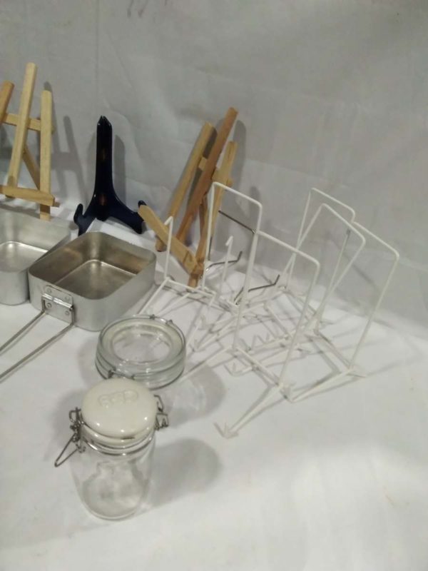 lot 021 Mini easle’s, plate stands, jars, camping billy cans - Image 4