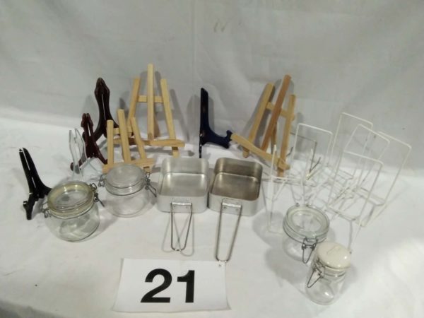 lot 021 Mini easle’s, plate stands, jars, camping billy cans - Image 3