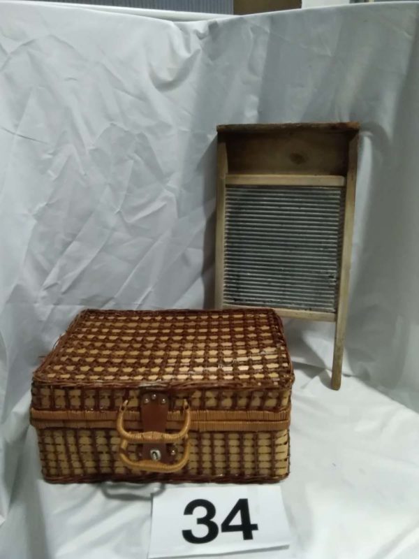 lot 034 vintage washboard & a picnic basket