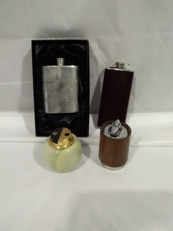 lot 063 2 hip flasks & 2 lighters