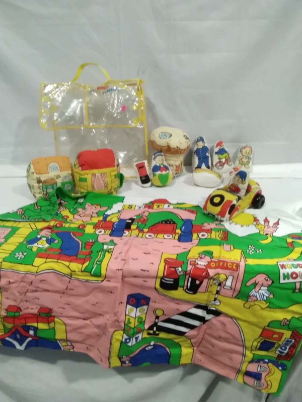 lot 080 1970’s wooden carousal, knitted Noddy, 1978 Fisher price toy,1980’s Noddy soft toy paly set