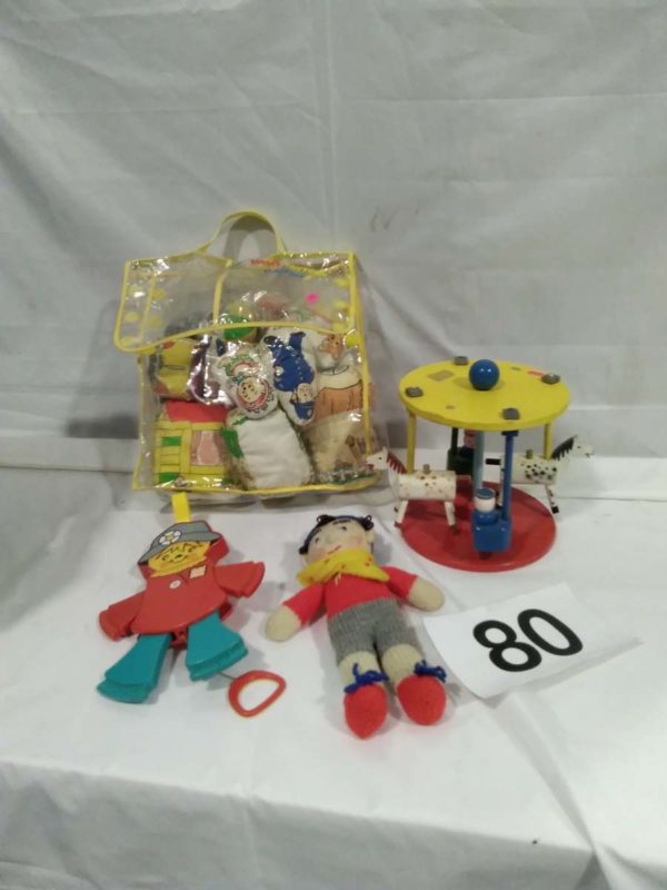 lot 080 1970’s wooden carousal, knitted Noddy, 1978 Fisher price toy,1980’s Noddy soft toy paly set - Image 2