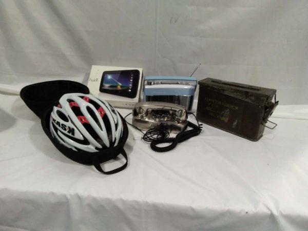 lot 086 Ammo box, bike helmet, telephone etc