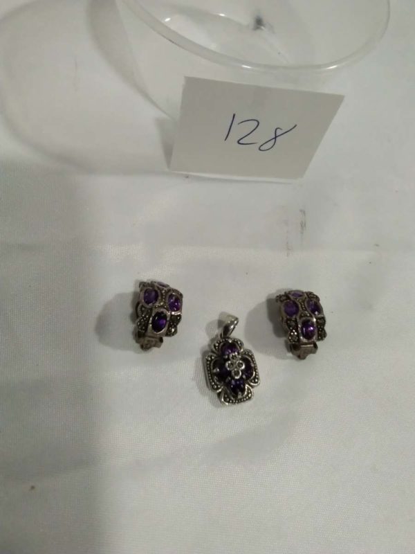 lot 128 vintage sterling silver marcasite earring & pendant set - Image 2