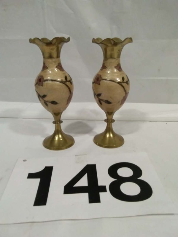 lot 148 pair of decorative brass & enamel vases