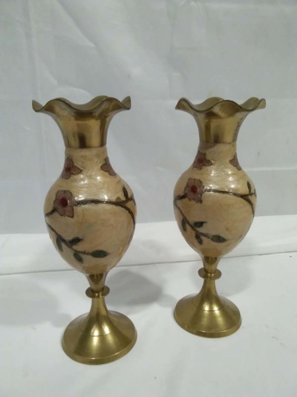 lot 148 pair of decorative brass & enamel vases - Image 2