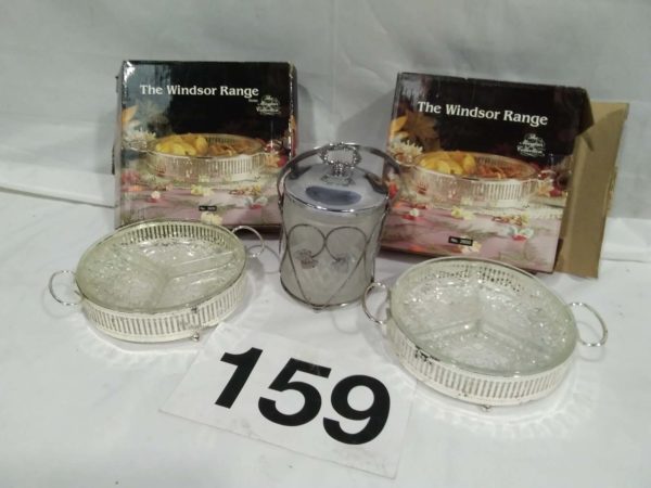 lot 159 2 x Windsor Range boxed silver plated serving dishes & a cut glass ice bucket