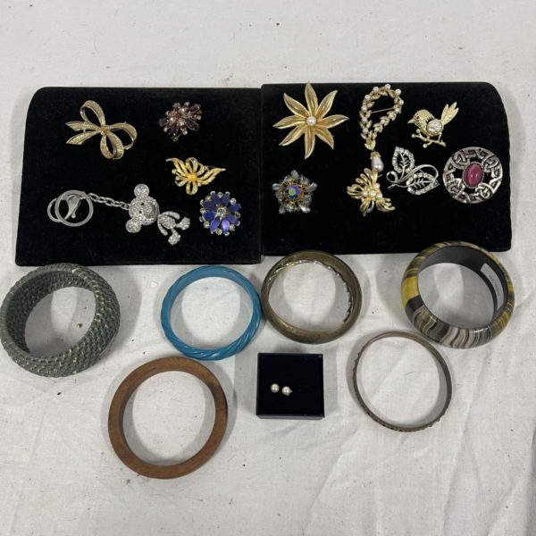 Lot 1099 – Assortment Of Broches, Bangles + A Pair Of Ear Rings (Fforestfach collection)