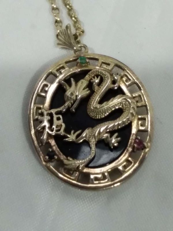 lot 174 gilt on silver Dragon pendant with coloured Stones & Onyx - Image 4