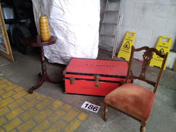 lot 186 W German vase (damaged), Moss Man steam trunk, oak pedestal table, child’s chair