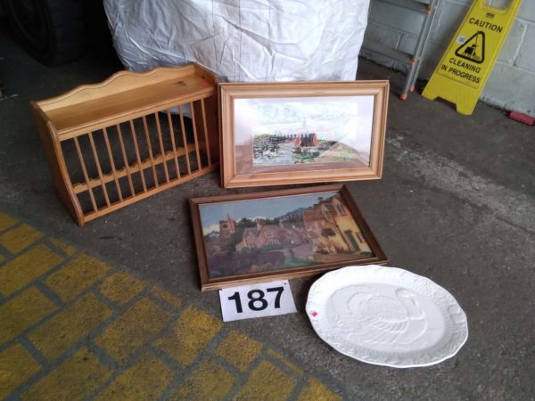 lot 187 pine dish rack, turkey platter, 2 framed needle works