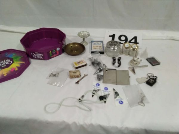 lot 194 assorted curios inc 2 faced clock, copper ashtray, toffee hammer, etc