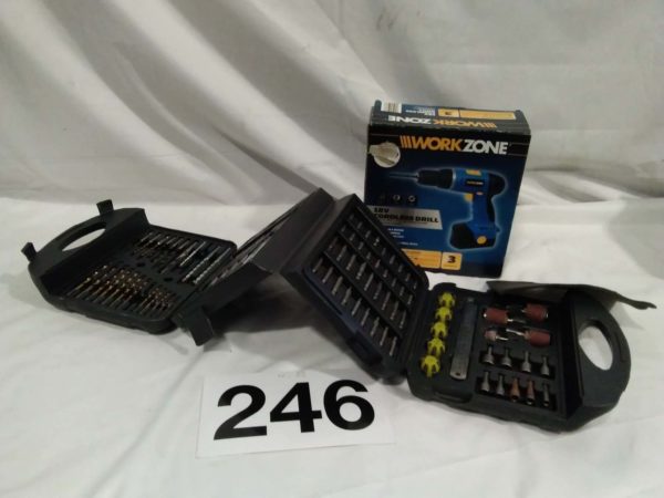 lot 246 Work zone 18v cordless drill ( as new) & case of drill bits etc - Image 2