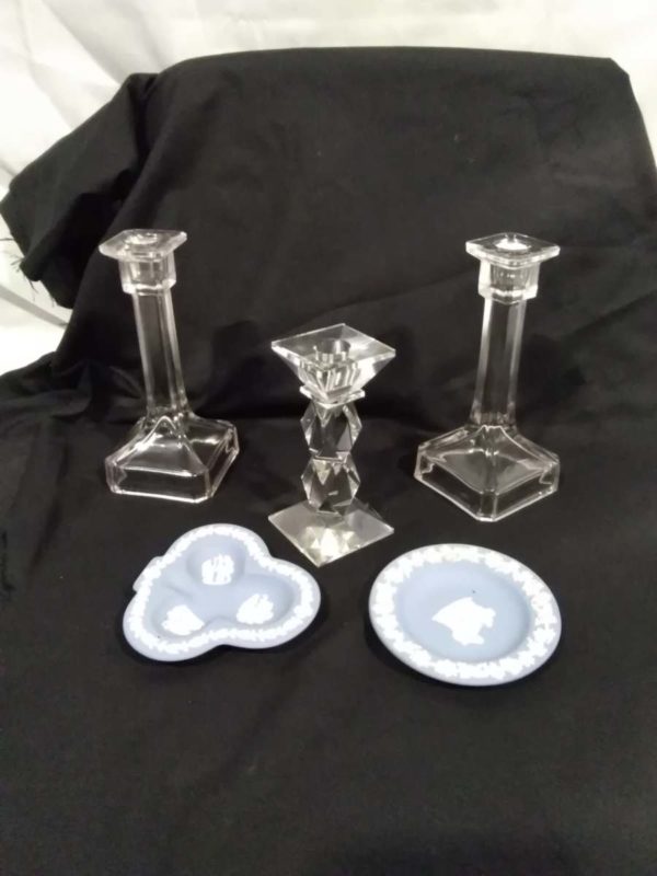 lot 258 glass candle sticks & wedgwood dishes