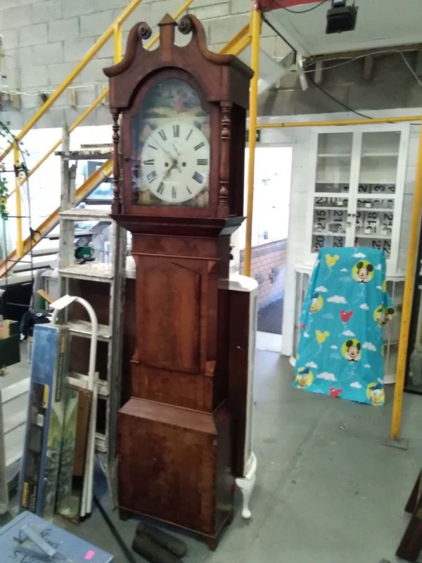 lot 262 vintage tall Grandfather clock ( Swansea address on back) approx 7 ft 2 ” with weight & pendulum (no chain)