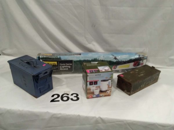 lot 263  2 x ammo boxes, travel kettle & lighting board