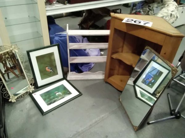 lot 267 1 pine corner cupboard, shelves,  2 signed prints & mirrors