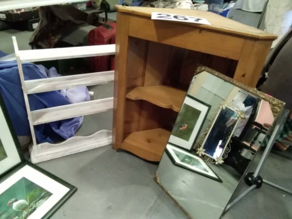 lot 267 1 pine corner cupboard, shelves,  2 signed prints & mirrors - Image 3