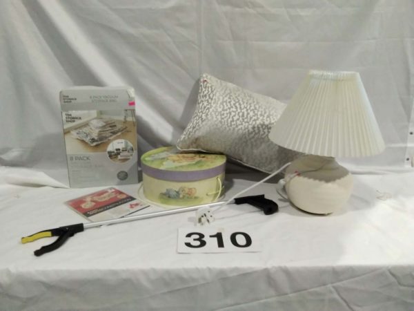 lot 310 house hold items – lamp, storage box etc