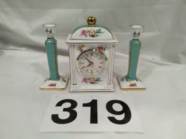 lot 319 decorative porcelain mantle clock (working) & a pair of candlesticks by Past Times - Image 2