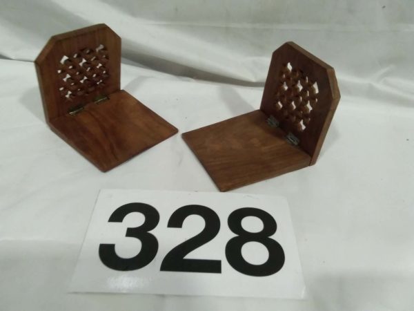 lot 328 pair of wooden folding book ends