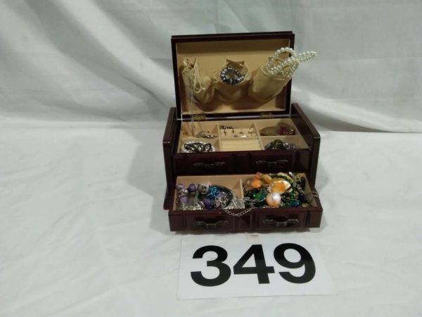 lot 349 wooden  jewellery box & contents