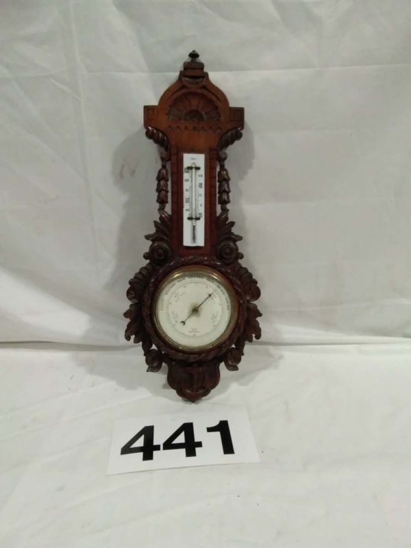 lot 441 Carved Oak Barometer with Thermometer - Image 2