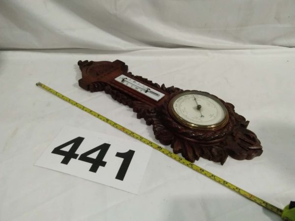 lot 441 Carved Oak Barometer with Thermometer - Image 4