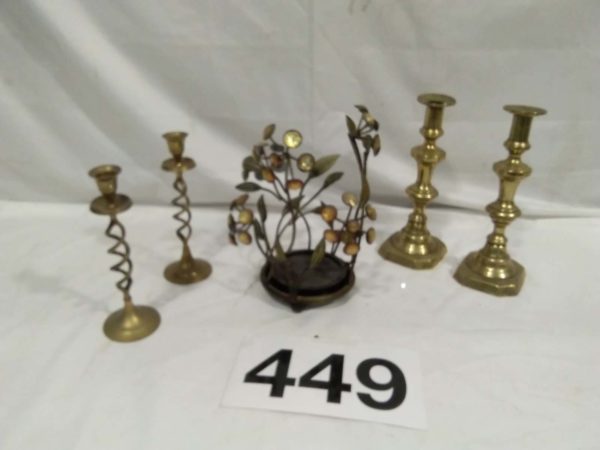 lot 449 2xBrass Candles Sticks and Candle Holder