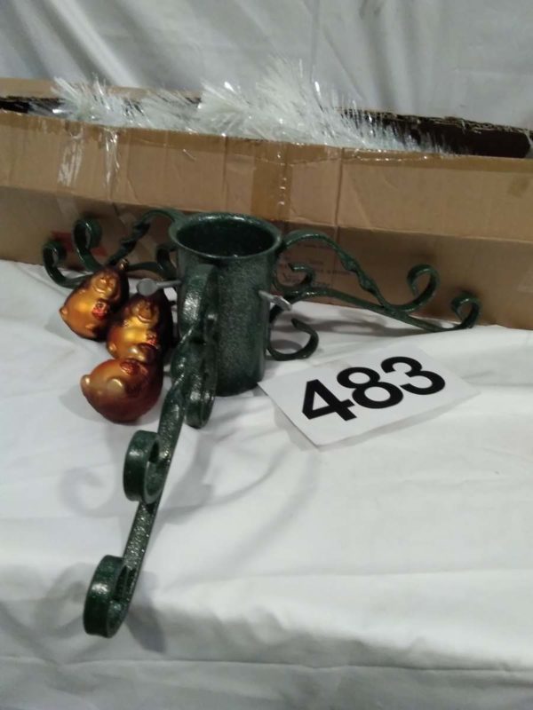 lot 483 white fibre optic Xmas tree, metal tree stand & 3 hedgehog ornaments - Image 3