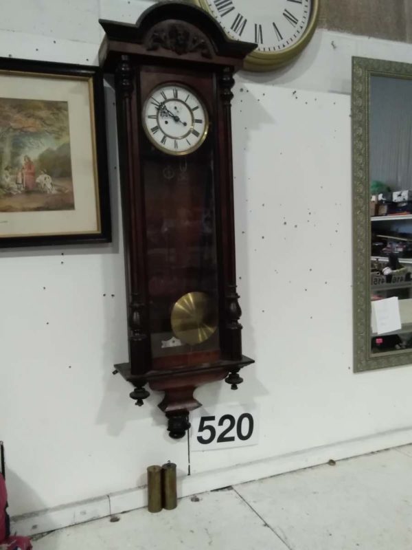 lot 520 long cased Vienna clock with wieghts & key  ( working)