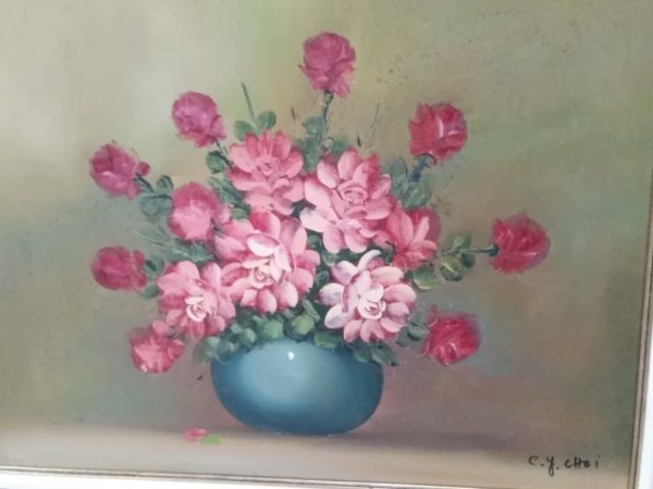 lot 523 oil on canvas flowers in vase signed C Y CHOI   63cm x 49cm - Image 4