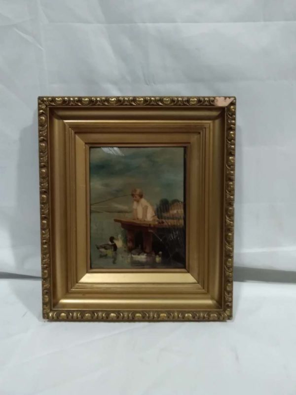 lot 552 antique crystoleum glass young girl looking at ducks picture (damaged frame )