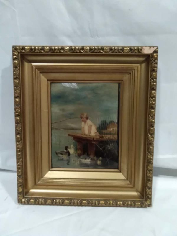 lot 552 antique crystoleum glass young girl looking at ducks picture (damaged frame ) - Image 7