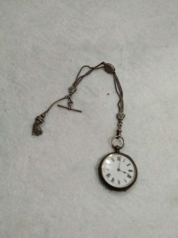 lot 598 vintage ladies open faced .800 silver pocket watch & Albertina chain