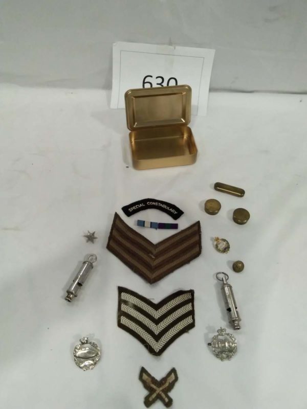 lot 630 Daily mail Princess Mary tin containing Military badges & whistles - Image 3