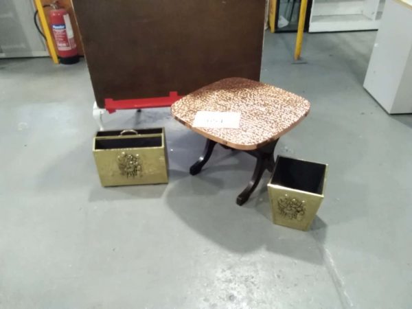 lot 654 copper topped side table, brass covered magazine rack & bin