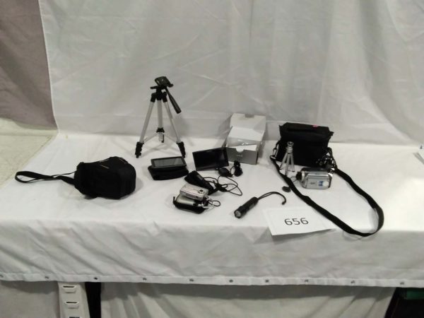 lot 656 camera equipment, sat nav’s, tripod , camera case, cd holders