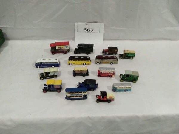 lot 667 quantity of diecast model coaches  inc Matchbox, Corgi, Lledo, Days gone