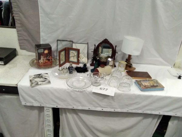 lot 677 mixed items, lamp, mirror, glass jelly moulds, bed warmer etc