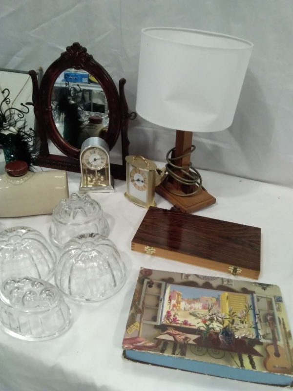 lot 677 mixed items, lamp, mirror, glass jelly moulds, bed warmer etc - Image 5