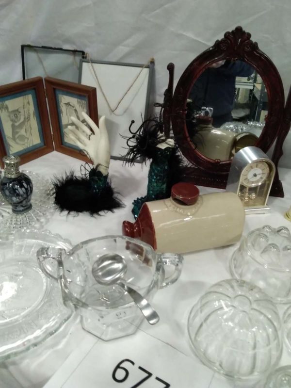 lot 677 mixed items, lamp, mirror, glass jelly moulds, bed warmer etc - Image 4