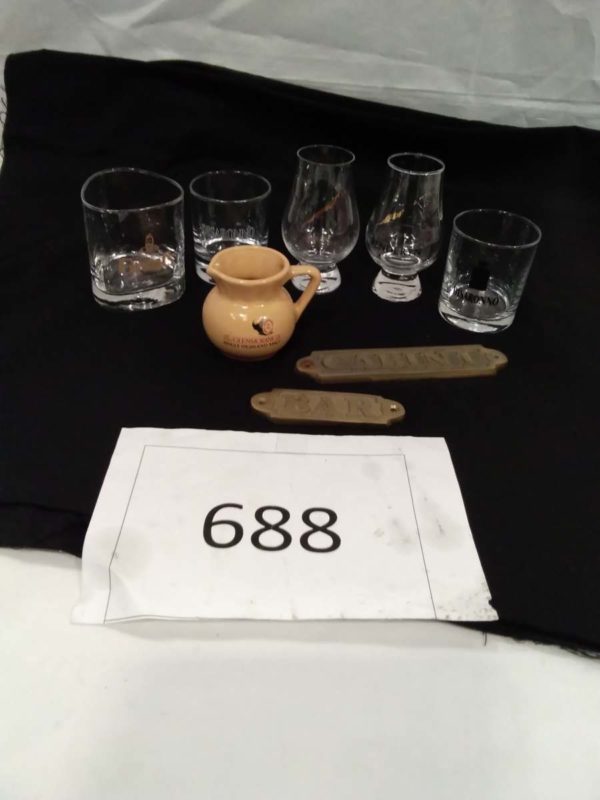 lot 688 Breweriana whiskey glasses & water jug, brass bar & cabin signs - Image 2