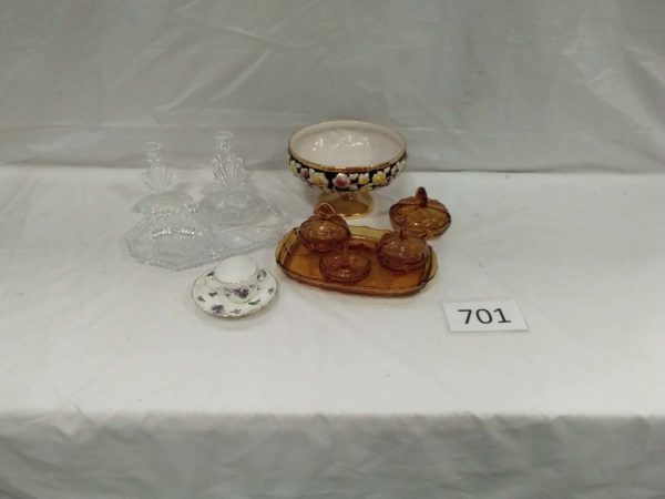 lot 701 amber & clear glass dressing table sets, tea cup & pedestal bowl