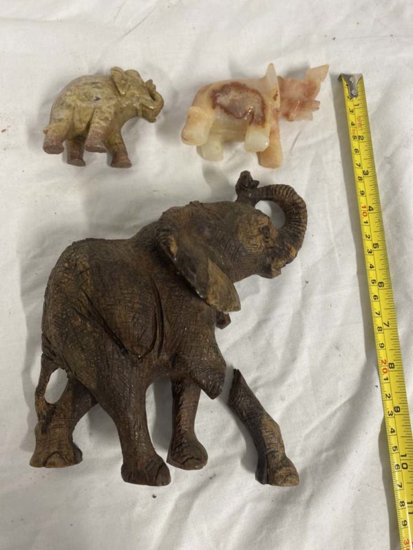 DD2006-WOOD CARVED ELEPHANT(LEG OFF)PLUS TWO STONE SMALLER ELEPHANTS